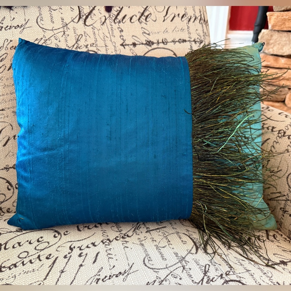 Teal & Aqua Handmade Silk 13" x 17" Pillow with Faux Peacock Feather Fringe